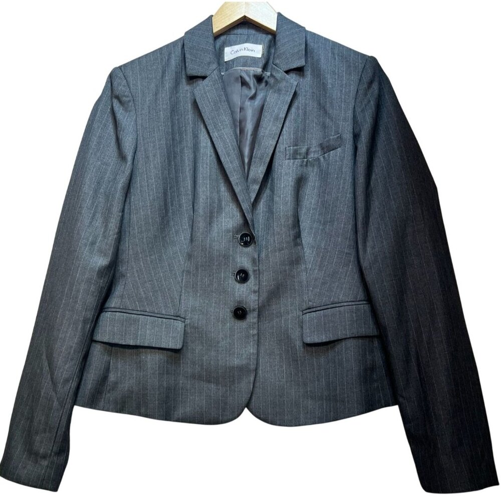 Calvin Klein Womens Caree Three Button Blazer Long Sleeve Size 12 Gray Pinstripe